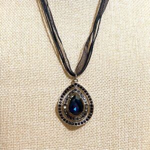 Hand Crafted Midnight Sapphire Teardrop Pendant Necklace on Sheer Black Ribbon